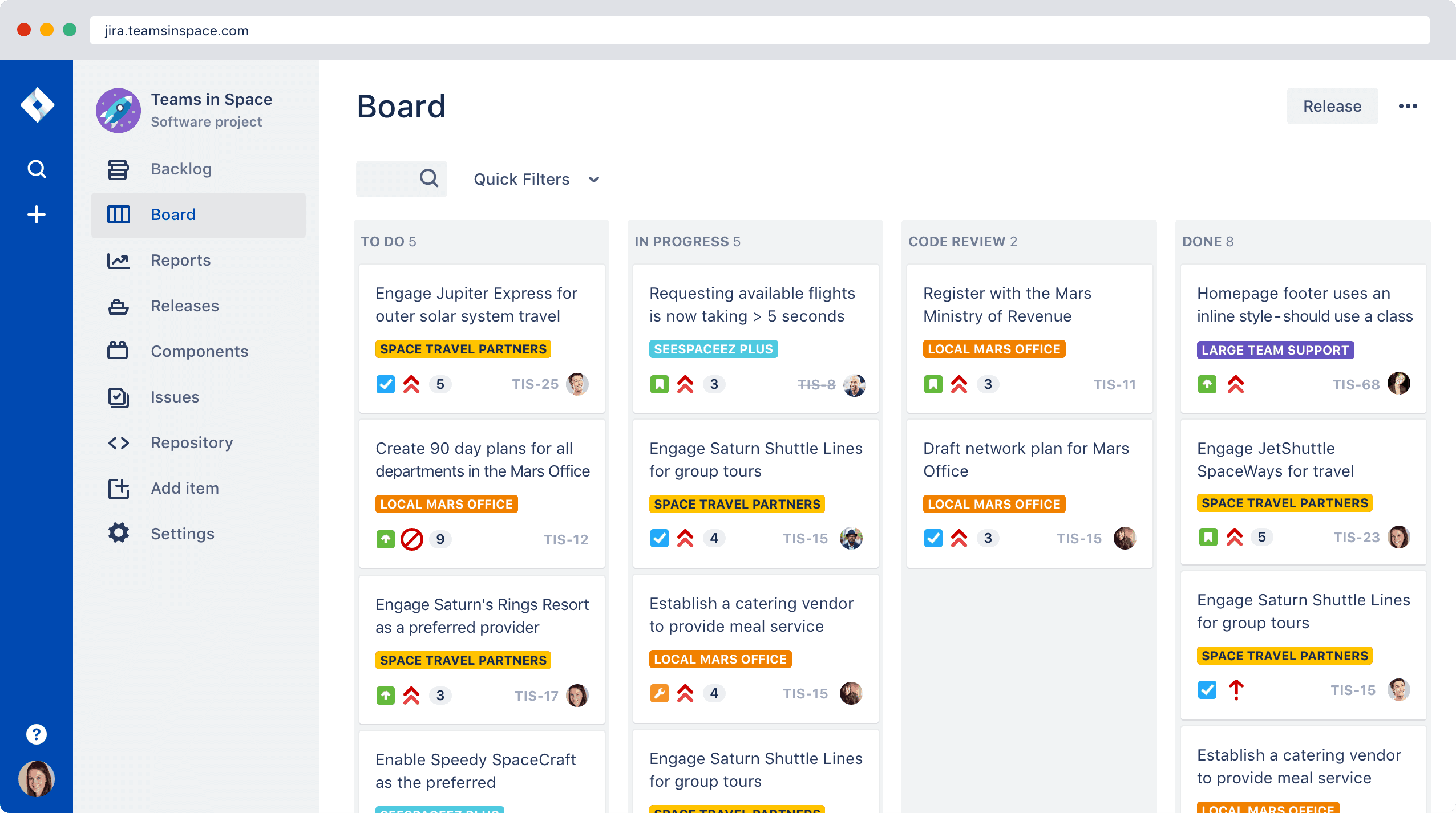 Exemple de vue Kanban dans Atlassian Confluence où sont centralisés les commentaires sur un logiciel (tâches à réaliser, feedbacks, bugs...).